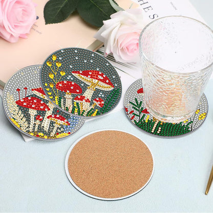 PERFECTSIGHT 8 Pcs DIY Diamond Art Painting Coasters with Holder, Cute Diamond Paint Coaster Kits for Adults, Kawaii Full Drill Diamond Art Craft Paint by Number Non Slip Coaster - Beige Mushroom