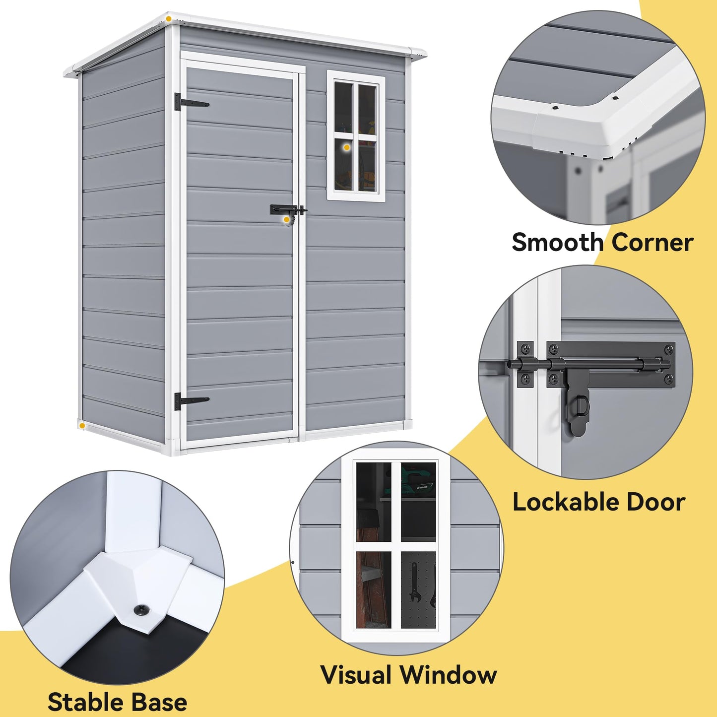 DWVO 5x3 FT Outdoor Storage Shed with Floor, All-Weather Resin Storage Shed with Window & Lockable Door, Waterproof Plastic Tool Storage for Garden Patio, Gray