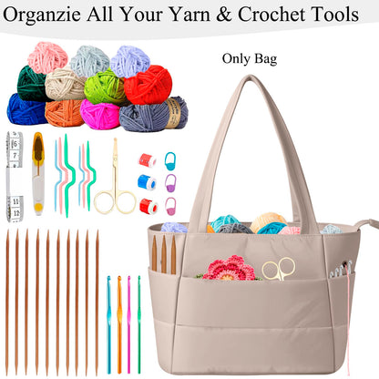 Crochet Bag for Yarn Storage, Puffer Knitting Bag with Soft Handles, Lightweight Yarn Storage Organizer with Zipper for Crochet Accessories, Gifts for Crocheters (Brown)