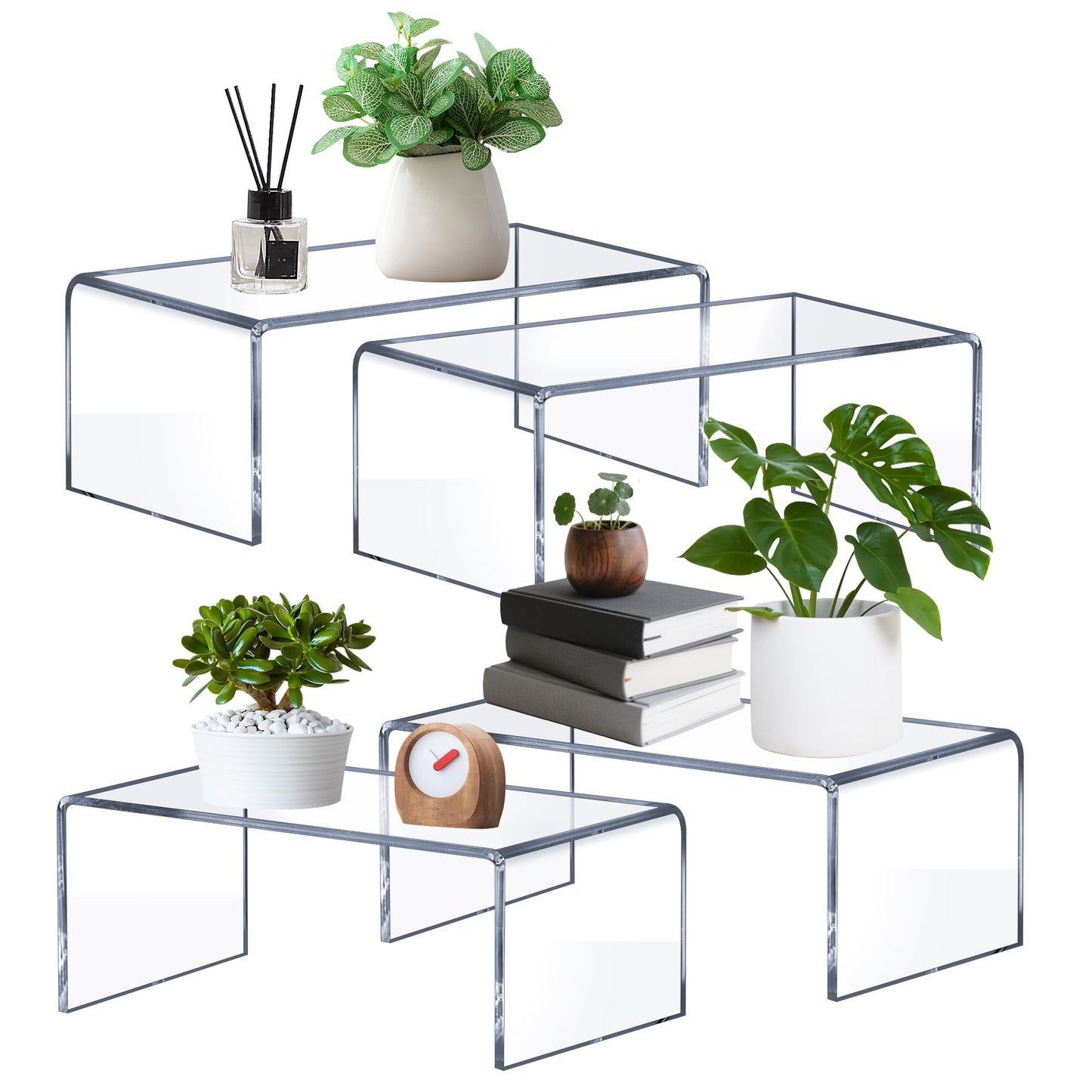 OVNTHYK Large Acrylic Risers 4 Pcs - 5mm Thick Clear Display Risers (12.4″ x 5″ x 5″) for Perfume Organizer, Collectibles, Figures, Jewelry & Retail Showcase
