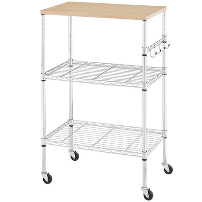 BolDuck 450Lbs Capacity Microwave Cart with Wheels, 3 Tier Rolling Cart with Adjustable Shelves, Multifunctional Metal Utility Storage Kitchen Carts on Wheels, 23.6" L*15.7" W*37" H, Wood+Chrome