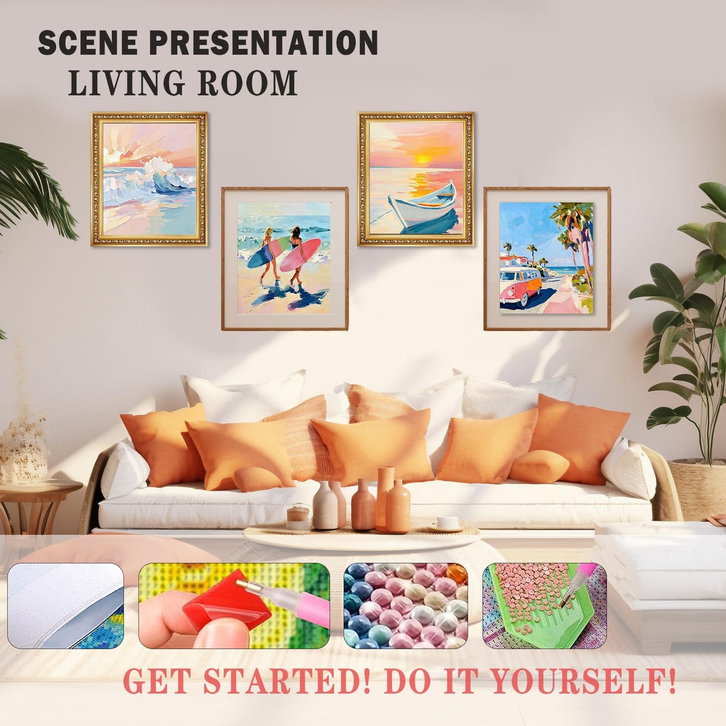 XUNLURY Pastel Ocean Beach Diamond Art Kits 4 Pcs, Summer Beach Surfer Girls Sunset Diamond Painting Kits for Adults Beginners, Full Drill Diamonds Dots for Home Decor, 9.8x11.8 Inch