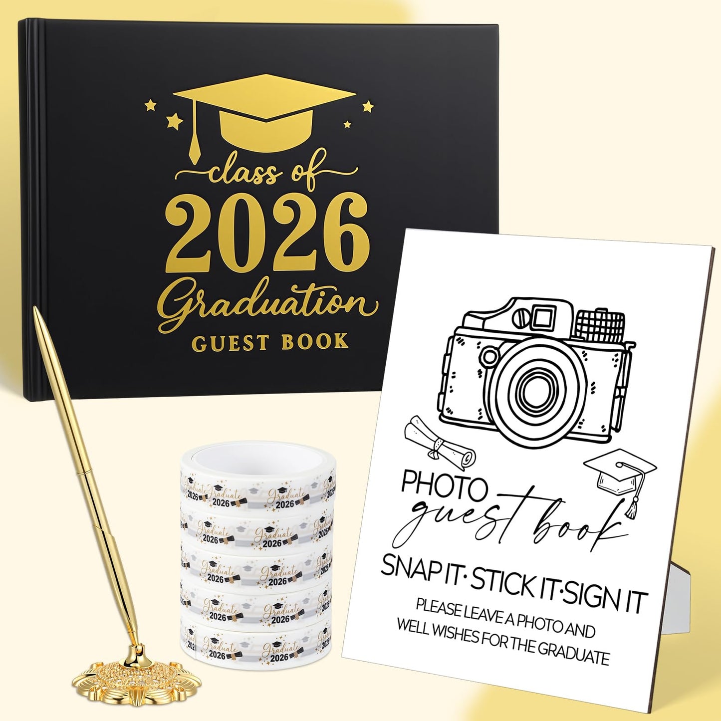Gersoniel 8 Pcs 2026 Graduation Guest Book Set Photo Sign in Book 100 Pages Class of 2026 Scrapbook Photo Album with Pen Wooden Display Stand Washi Tape DIY for Grad High School College Party Supplies