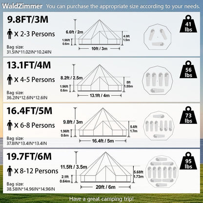 WaldZimmer Canvas Bell Tent 16.4ft Green with Stove Jack and Zipped Removable Floor, Luxury Outdoor Glamping Yurt Cotton Tent for Family Truck Car Camping Hunting Party
