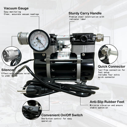 Oilless Vacuum Pump 50 L/Min, 180W Electric Vacuum Pump with Switch & Vacuum Gauge, Low-Noise Aluminum Silencer, 4 Hose Connectors, for Laboratory, Electronics & DIY Use