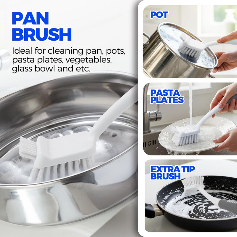 Holikme 6 Pack Dish Brush Set with Bottle Brush, Dish Scrub Brush, Pan Brush and 3 Straw Brushes, Deep Cleaning Handle Brush with Scraper Tip for Kitchen Sink Dishes Bottle Cup Pot and Pans (Gray)