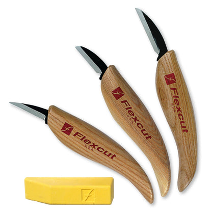 Flexcut Wood Carving Knives | Starter Set of 3 Woodcarving Knives | 1095 High Carbon Steel Blades | Ergonomic Ash Wood Handles for Beginners and Hobbyists | KN500 | Made in the U.S.A