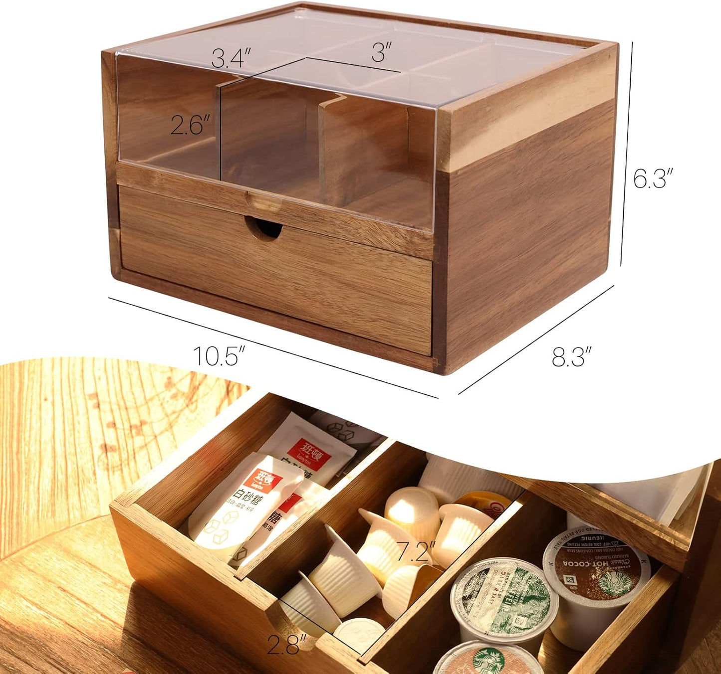2 9 HTB Large Tea Organizer Tier with Drawer, Tea Bag Organizer with Acrylic Transparent Hinged Lid, Compartments