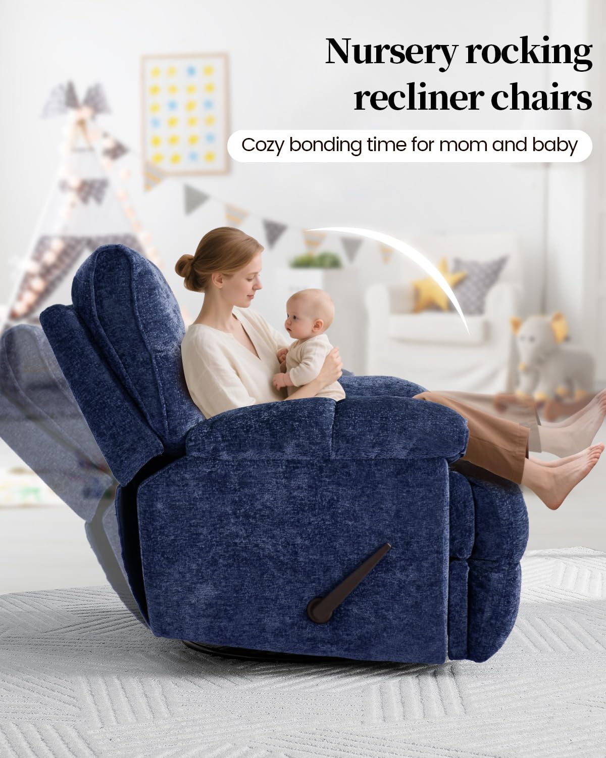 GARTMILAN Oversized Manual Recliner Chair with 360° Swivel, Big and Tall Rocker Glider for Nursery Living Room, Chenille Overstuffed Reclining Sofa with Handle, 375lbs (Blue, Manual)