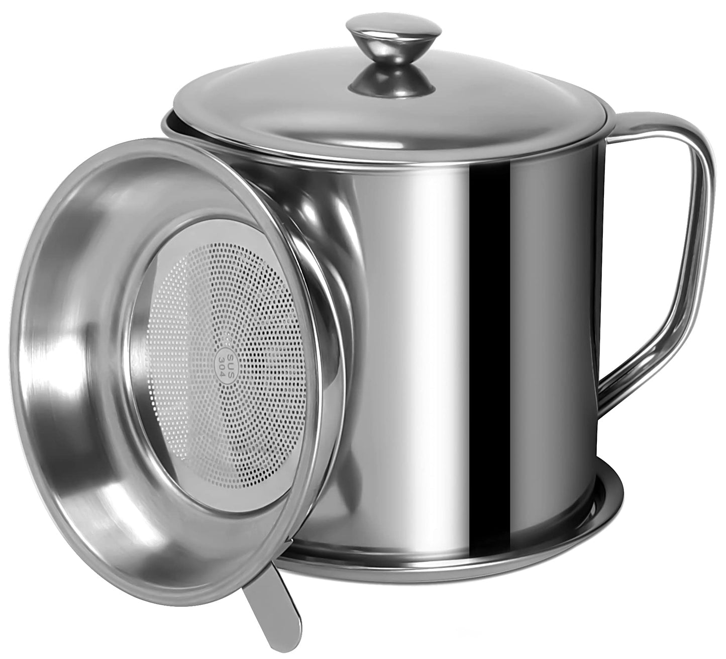 Tellshun Bacon Grease Container with Strainer 1.25 L / 42 oz Strong Kitchen Catcher Food-grade Stainless Steel Cooking Oil Keeper with Lid and Easy-Grip Handle Suitable for Storing Frying Oil