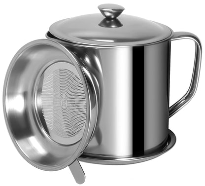 Tellshun Bacon Grease Container with Strainer 1.25 L / 42 oz Strong Kitchen Catcher Food-grade Stainless Steel Cooking Oil Keeper with Lid and Easy-Grip Handle Suitable for Storing Frying Oil