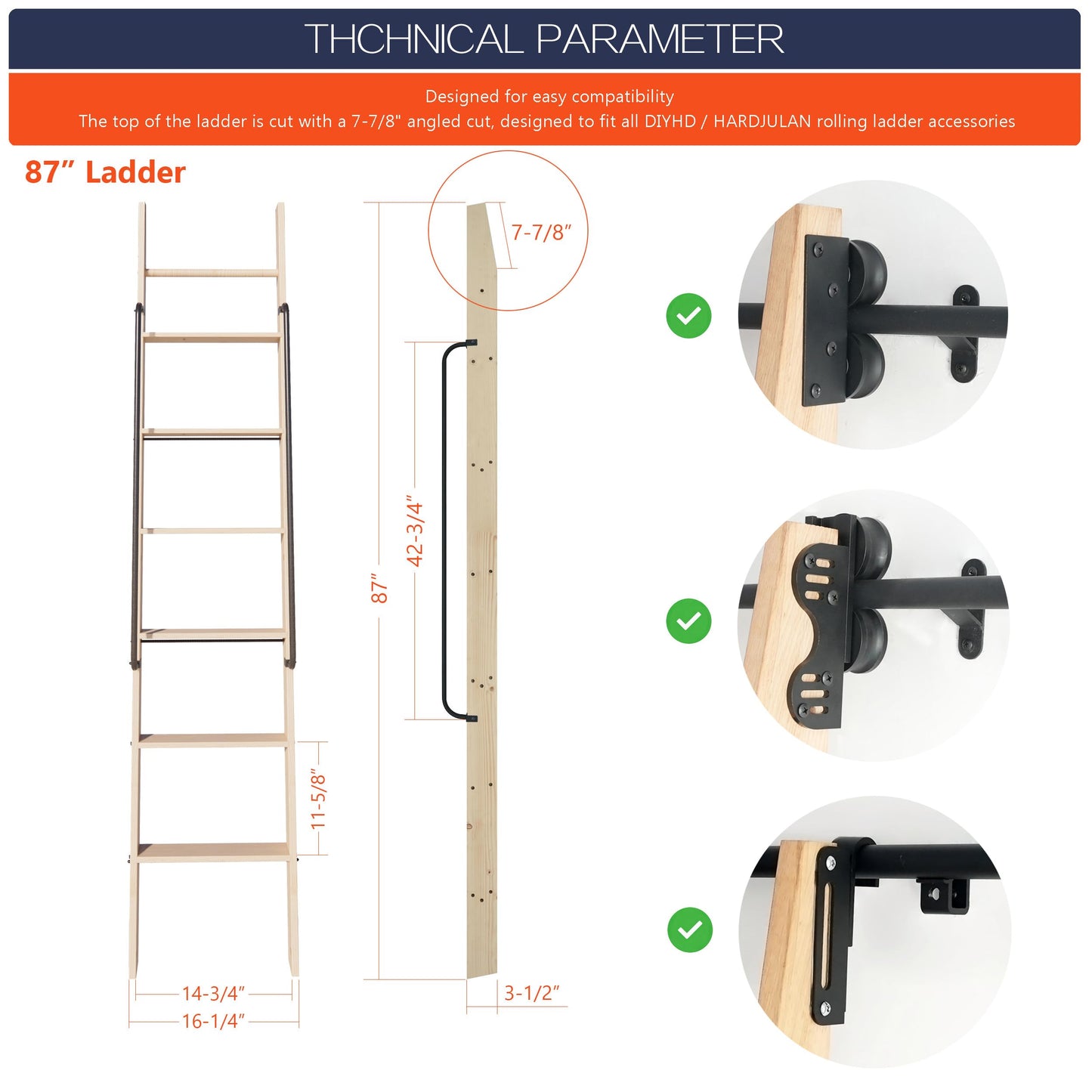 HARDJULAN 87" Knotty Pine Wood Library Ladder with Black Handrail – 300 lbs Capacity, Unfinished for Painting or Staining