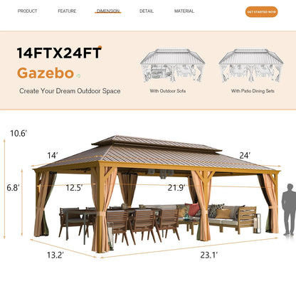 EROMMY 14'x24' Hardtop Gazebo, Galvanized Steel Double Roof with Wood-Looking Aluminum Frame, Outdoor Permanent Metal Pavilion with Curtains and Nettings for Patio, Backyard and Deck