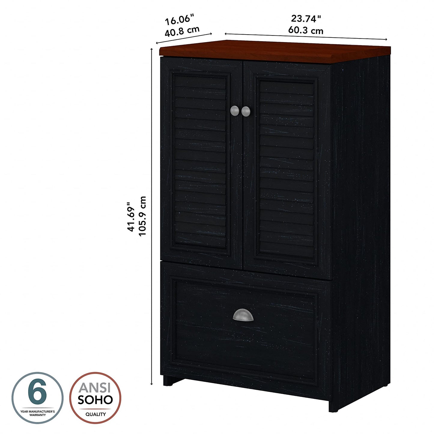 Bush Home Fairview 2 Door Storage Cabinet with File Drawer in Antique Black and Hansen Cherry