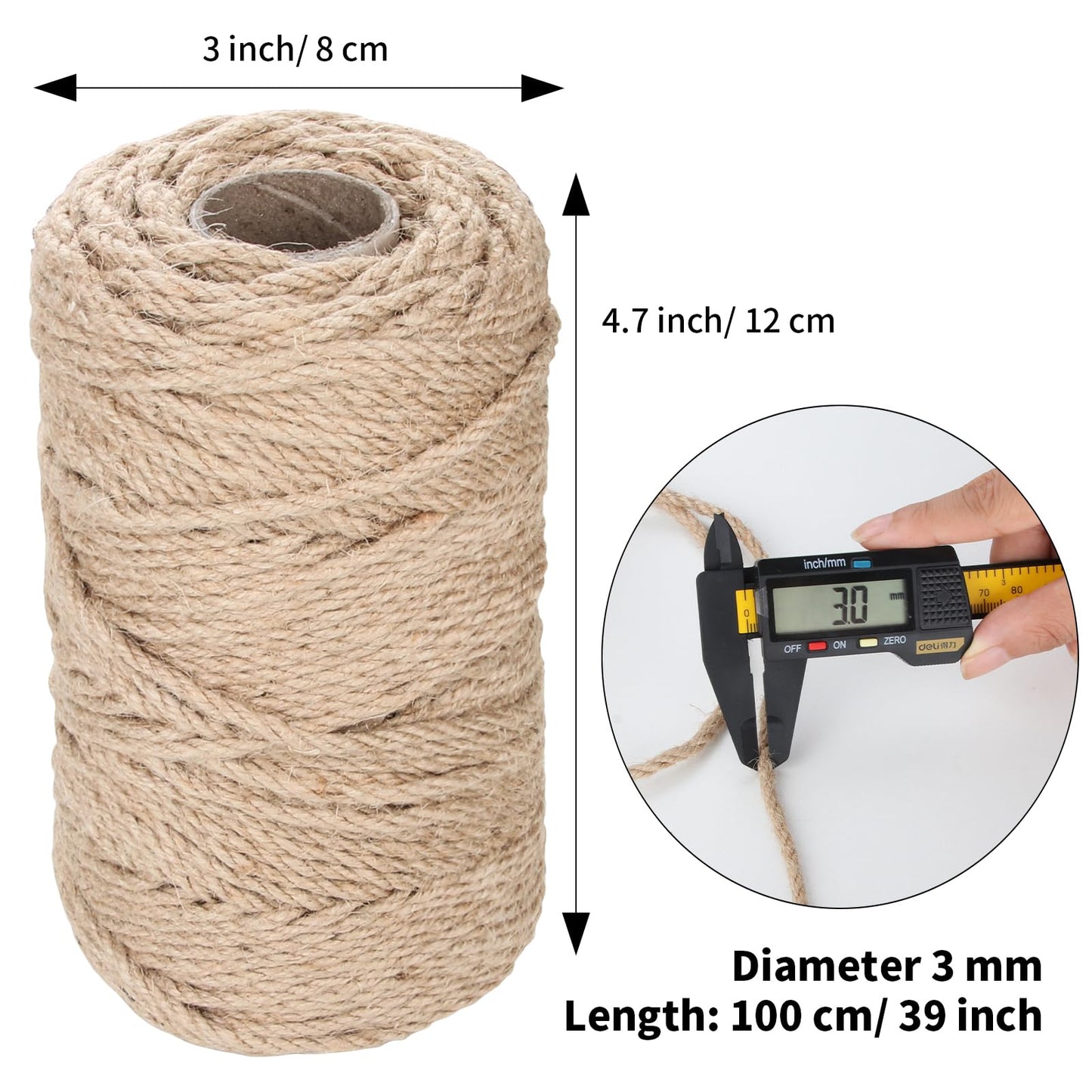 Jute Twine 3 mmx109 Yard 3 Strand, Munzong Natural Handmade 3 Twisted Burlap Twine String for Crafts, Garden Hemp Rope for DIY Knitting Plant Hanger Gift Wrapping Bundling Packing Gardening Decor 100m