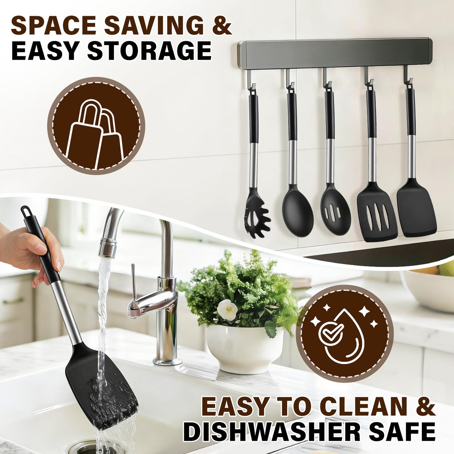 5Pcs Silicone Cooking Utensils Set, Heat Resistant Kitchen Tools Include Solid&Slotted Spatula, Cooking Spoon and Pasta Server, Silicone Kitchen Utensils set for Nonstick Cookware Flipping, Black
