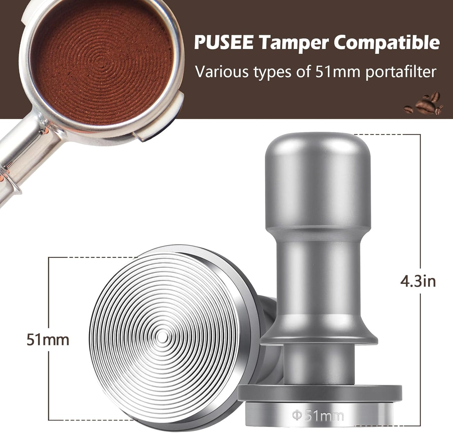 PUSEE 51mm Premium Espresso Coffee Tamper, 30lb Calibrated, 100% Stainless Steel, Spring Loaded for Barista Accessories