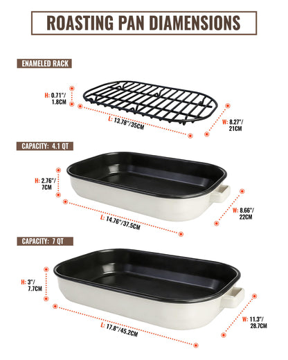 MCCSI Roasting Pan for Oven with Rack 6-Piece Enamel Lasagna Baking Dishes Set 14&17 Inch, 572°F High Temperature Resistance Dishwasher Safe Non-Stick Deep Turkey Roaster Pan Mothers Day Gift Bakeware