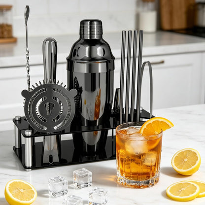 14-Piece Cocktail Shaker Set Bartender Kit with Black Stand, Bar Tool Set for Drink Mixing Bartending Kit Bar Sets Accessories: 750ml(25oz) Shaker, Jigger, Muddler, Cocktail Recipes (Black)