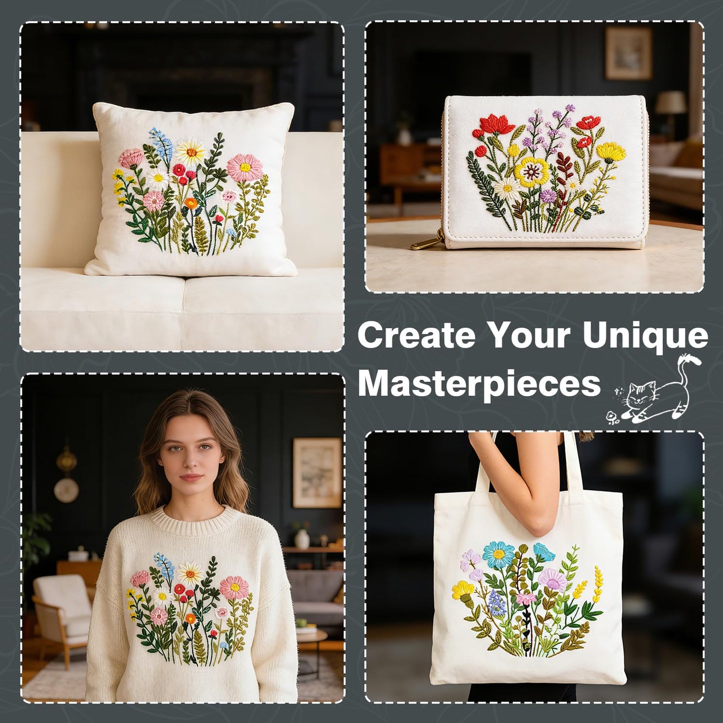 RIHYTFU 3 Pack Flower Embroidery Kits for Beginners, Adults Starter Cross Stitch Kit, DIY Sewing Needlepoint, Floral Plants Patterns Hand Stamped Embroidery Kits