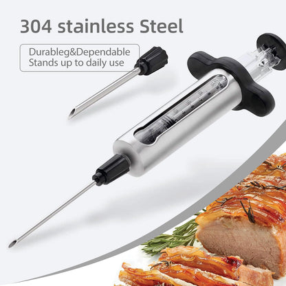 Kitchen Meat Injector, Leak-Proof Stainless Steel Flavor Marinade Syringe with 2 Different Needles and 1.5-oz Measurement Window,Perfect for Smoking, Frying, and Brining Meat for Deep Seasoning(MI-01)