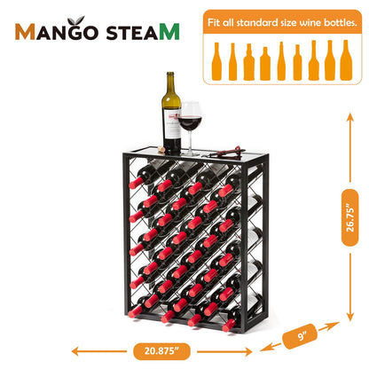 Mango Steam 32 Bottle Wine Rack with Black Glass Top Shelf, Free Standing for Home, Kitchen and Bar