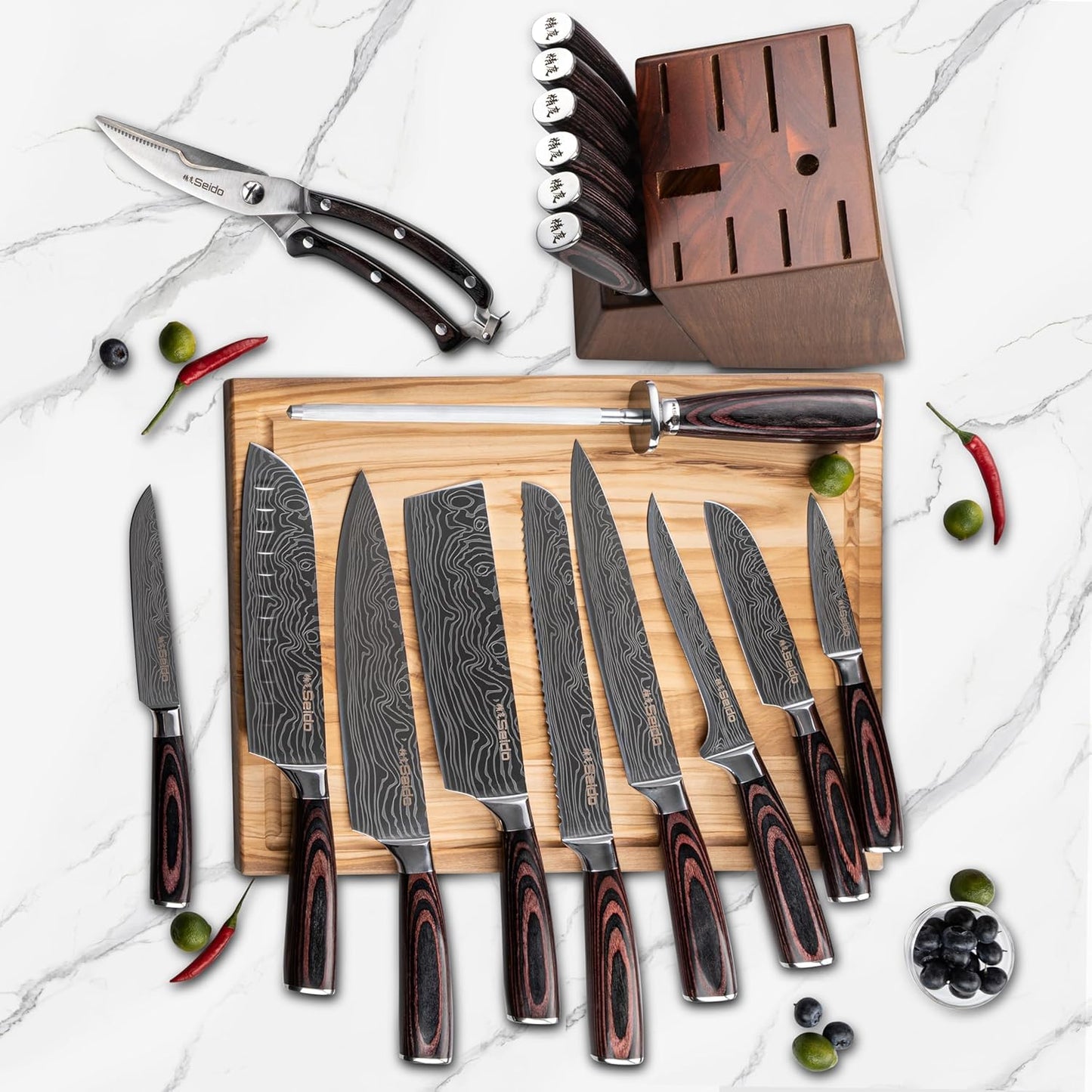 17-Piece Master Chef Knife Block Set – Damascus Steel & Acacia Wood Block