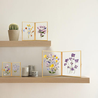 REDHUGO Glass Pressed Flower Frame Handmade, Hinged Double Press Flower Frame, Tabletop Brass Photo Frames, Rectangle Dried Flowers Display Folding Frames for Home, Gold,4×6 Inches