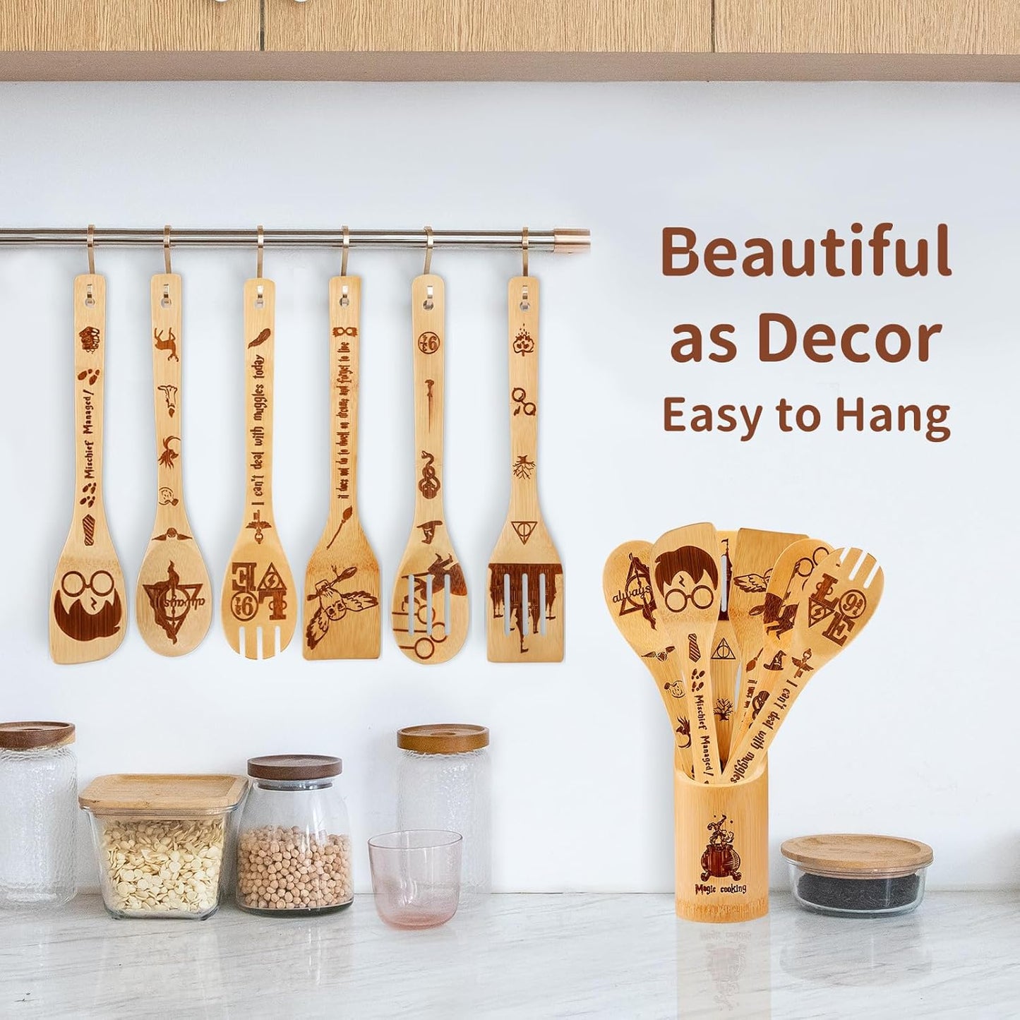 Wooden Spoons for Cooking Utensils Set 7pcs - Harry Gifts for Women Kitchen Accessories, Magic Wizard Spoon