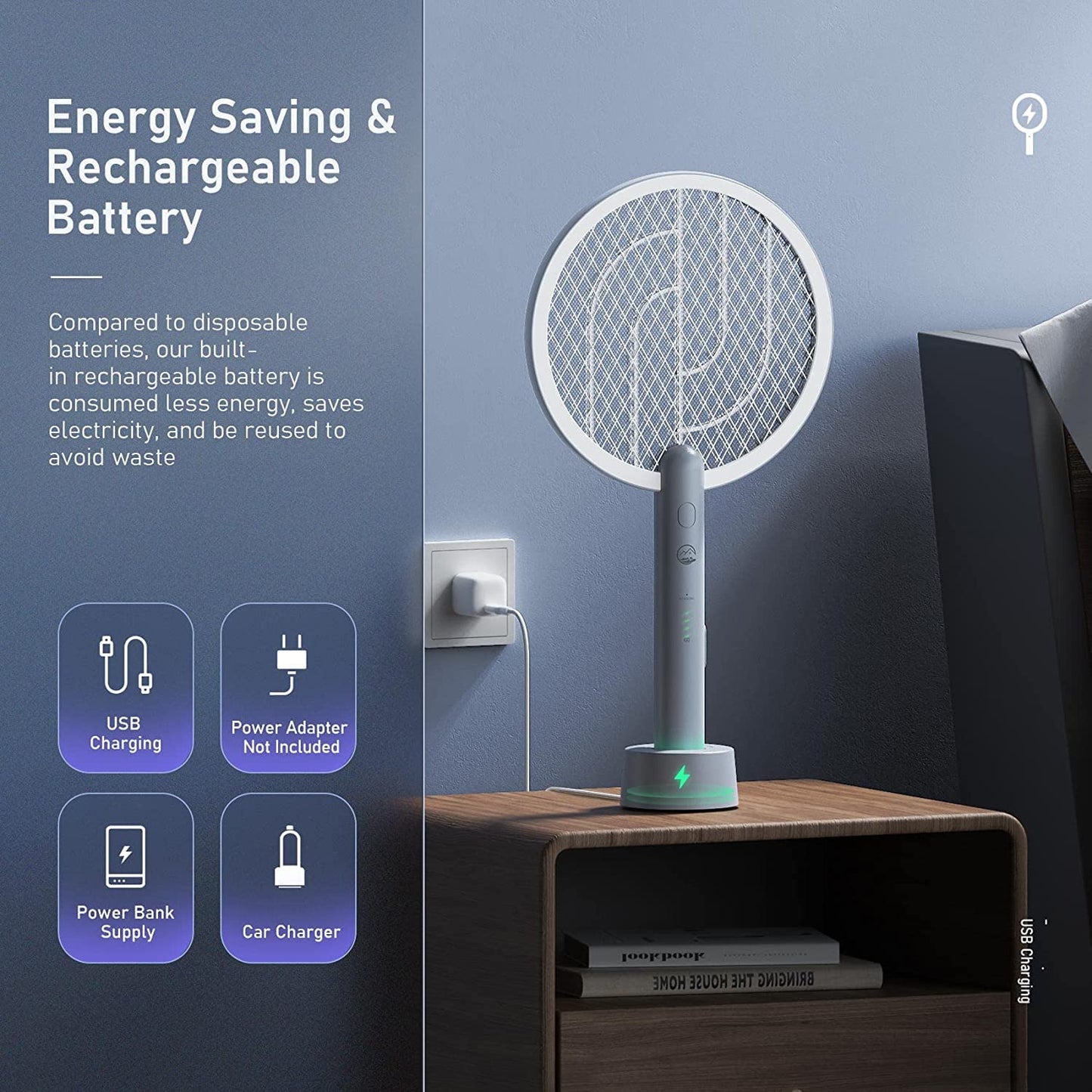 Electric Fly Swatter Racket, Mosiller 2 in 1 Smart Bug Zapper with USB Rechargeable Base, Powerful Mosquitoes Trap Lamp & Fly Killer with 3-Layer Safety Mesh for Home, Bedroom, Kitchen, Patio（1 Pack）