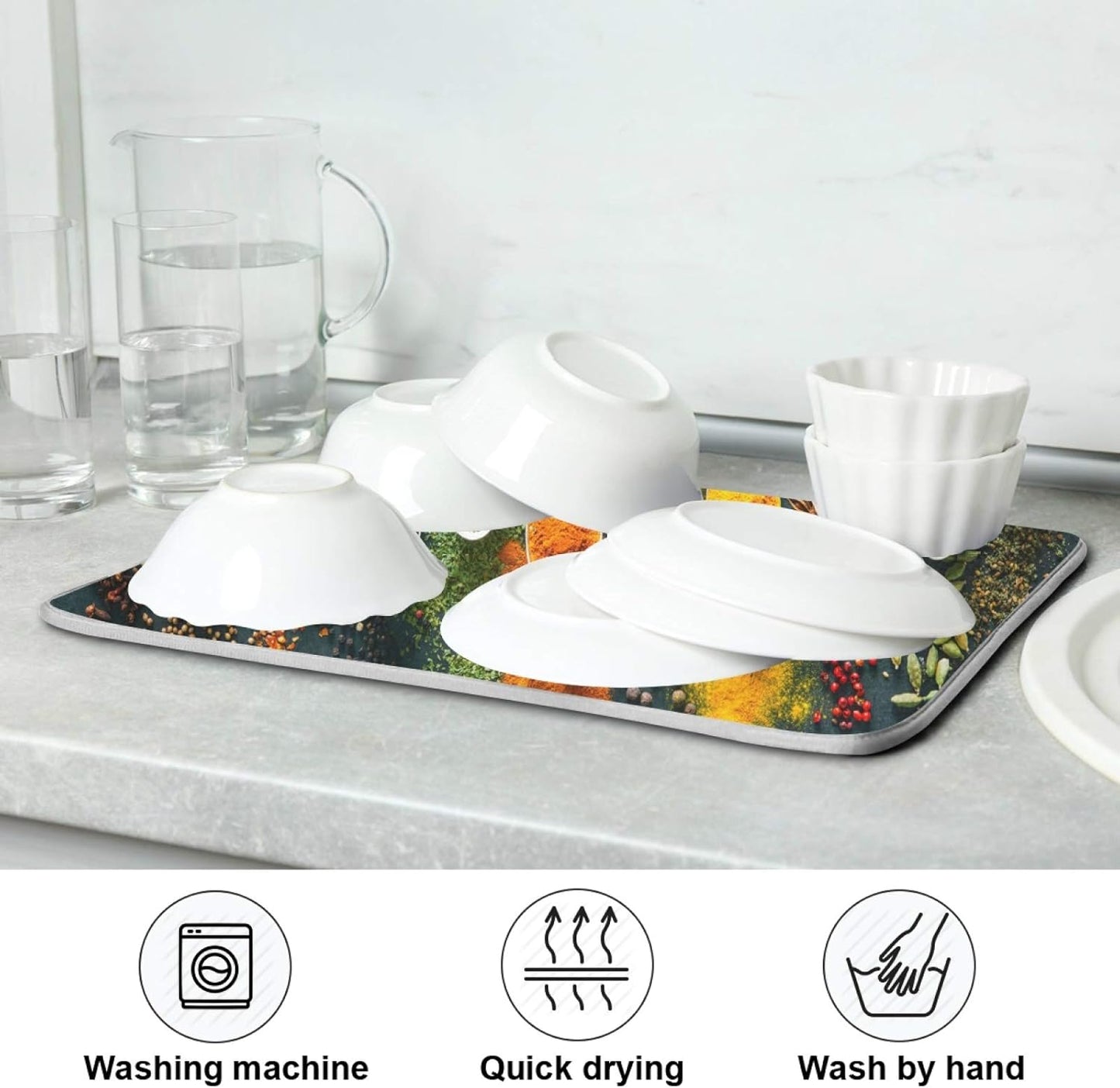 Cooking Herbs Spices Dish Drying Mat for Kitchen, 18 X 24 Inches Dry Dishes Pads Mats, Tableware Protector for