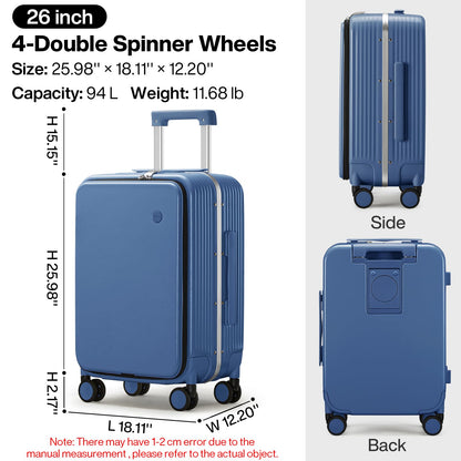 mixi Large Checked Luggage with Cup Phone Holder and Charger Hard Shell Suitcases with Spinner Wheels, 26 Inch Sapphire Blue