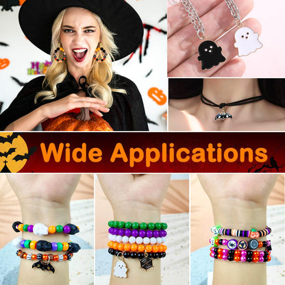 2100+PCS Halloween Beads Kit for Jewelry Making, Spooky DIY Crafts with Clay Charms Acrylic Rounds Pearls Pumpkin Skull Beads Ghost Witch Hat Bat Charms DIY Halloween Bracelets Necklace Earrings Craft
