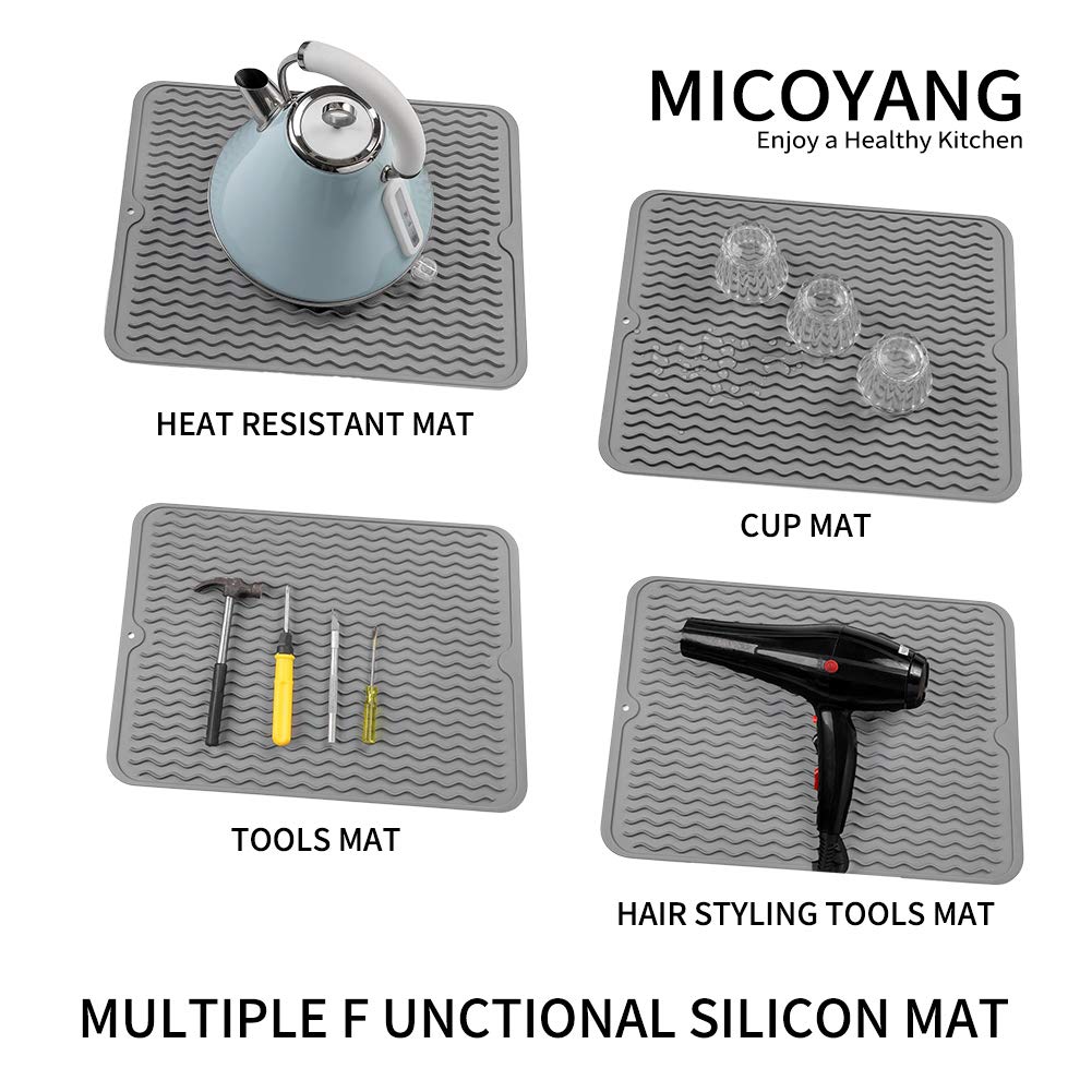MicoYang Silicone Dish Drying Mat for Multiple Usage,Easy clean,Eco-friendly,Heat-resistant Silicone Mat for Kitchen Counter or Sink,Refrigerator or drawer liner Grey L 16 inches x 12 inches