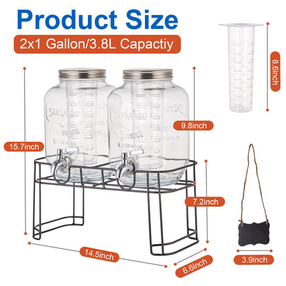 1 Gallon Glass Drink Dispensers for Parties, 2PACK Beverage Dispenser with Stand, Fruit Infuser and Stainless Steel Spigot 100% Leakproof, Beverage Dispenser for Lemonade Sun Tea