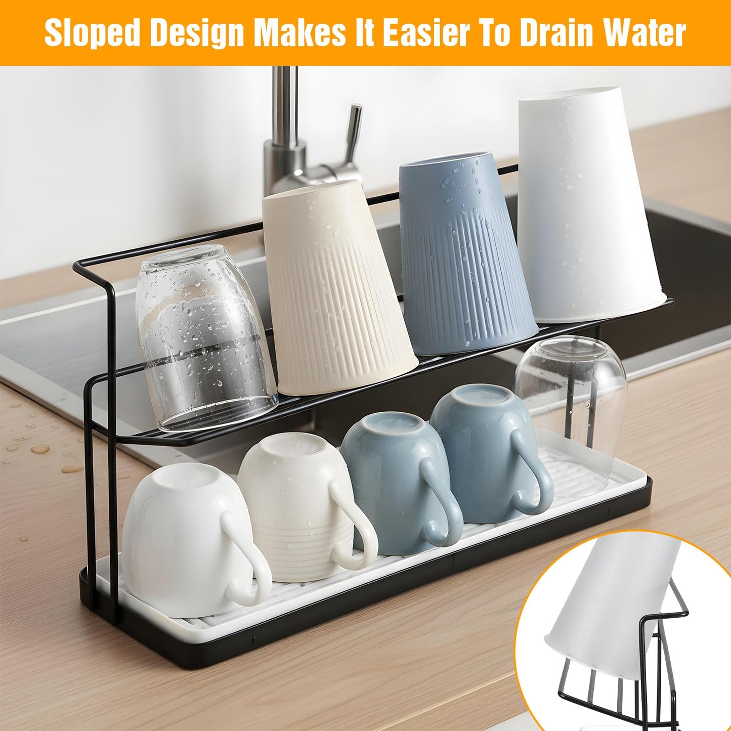 2-Tier Bottle Drying Rack Cup Cradle Storage with Drain Removable Tray Mug Organizer, Over Sink Instant Dry Small Dish Dryer for Kitchen Countertop Water Bottles and Tumblers,Coffee Mugs, Glasses,