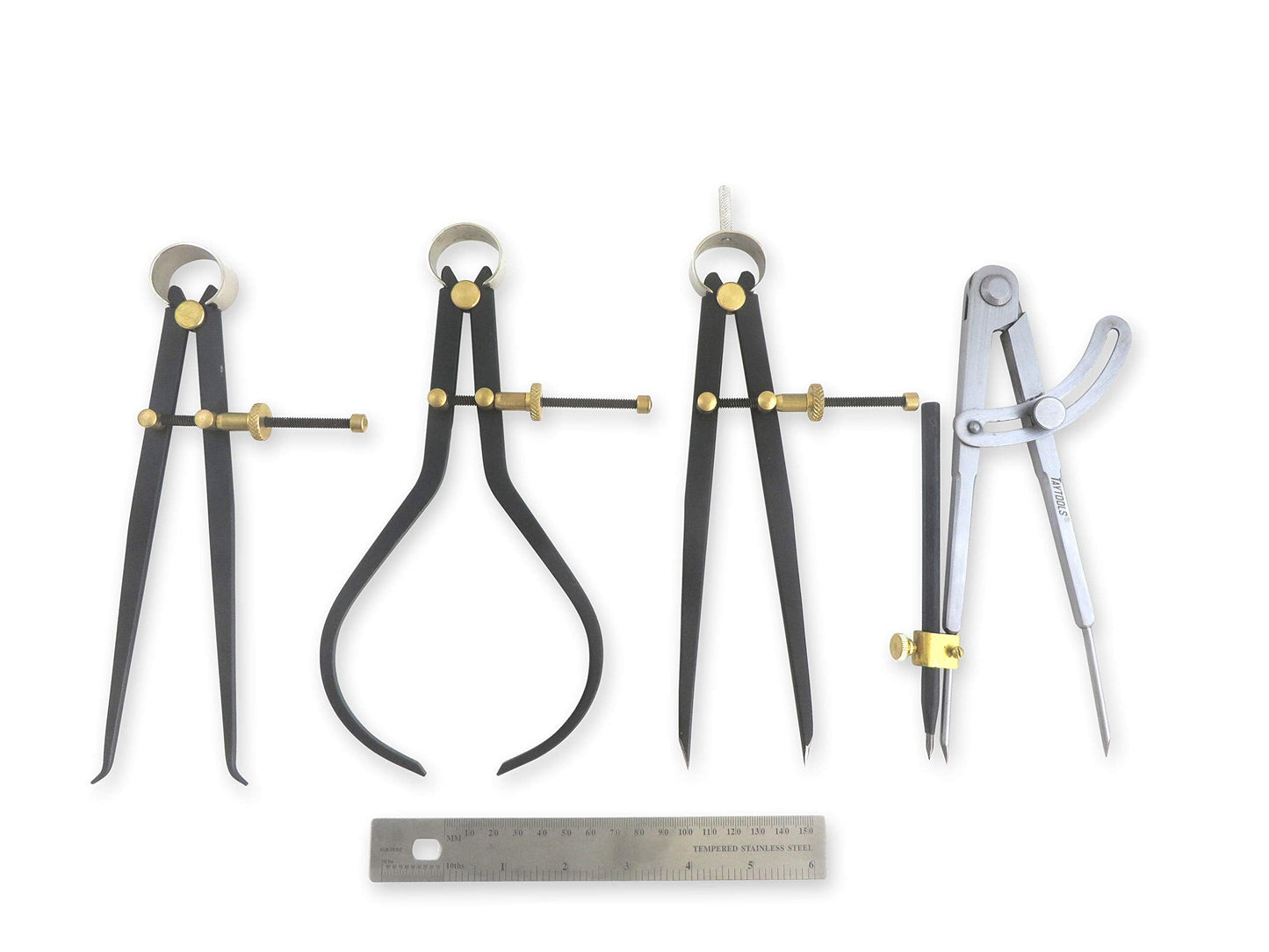 Taytools 776636 Deluxe 5 Piece Measuring Set/Kit with 8-inch Spring Dividers, Inside & Outside Calipers, Pocket Rule and Firm Joint Dividers/Compass with Carbide Scriber
