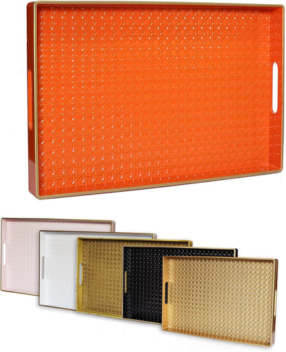 15.7"*10.2" Orange Decorative Coffee Table Tray, Rectangular Plastic Serving Tray with Handles for Living Room