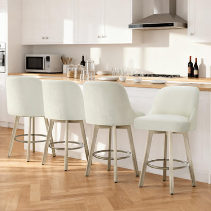 Counter Height Bar Stools Set of 4, Modern Swivel Barstools with Back and Wood Legs, Fabric Upholstered Bar Chairs, 26" Seat Height Counter Stools for Kitchen Island,Ivory