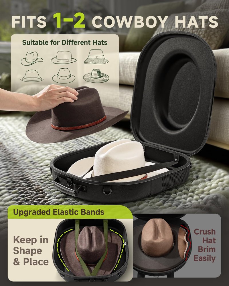BRANTMAKER Cowboy Hat Box, Cowboy Hat Case for Travel, Crush Proof Storage for Western/Panama/Fedora, Carrier with Adjustable Shoulder Strap & Brush