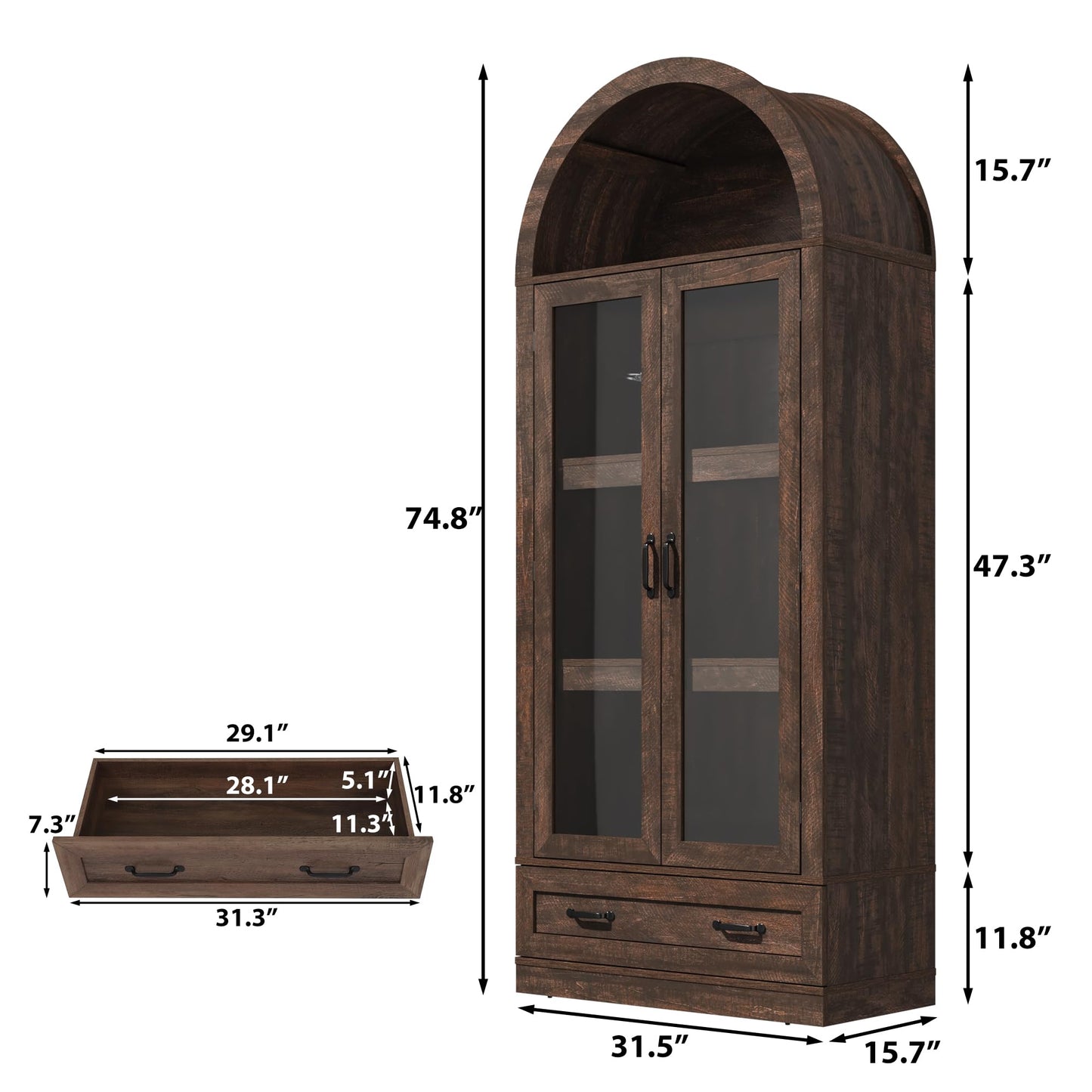 75" Tall Arched Kitchen Pantry Cabinet w Load-Bearing Steel Pipe,Modern Farmhouse Kitchens Storage Cabinet with Drawer and Glass Doors,Tall Arched Bookcase,Pantry Organizer(Rustic Brown)