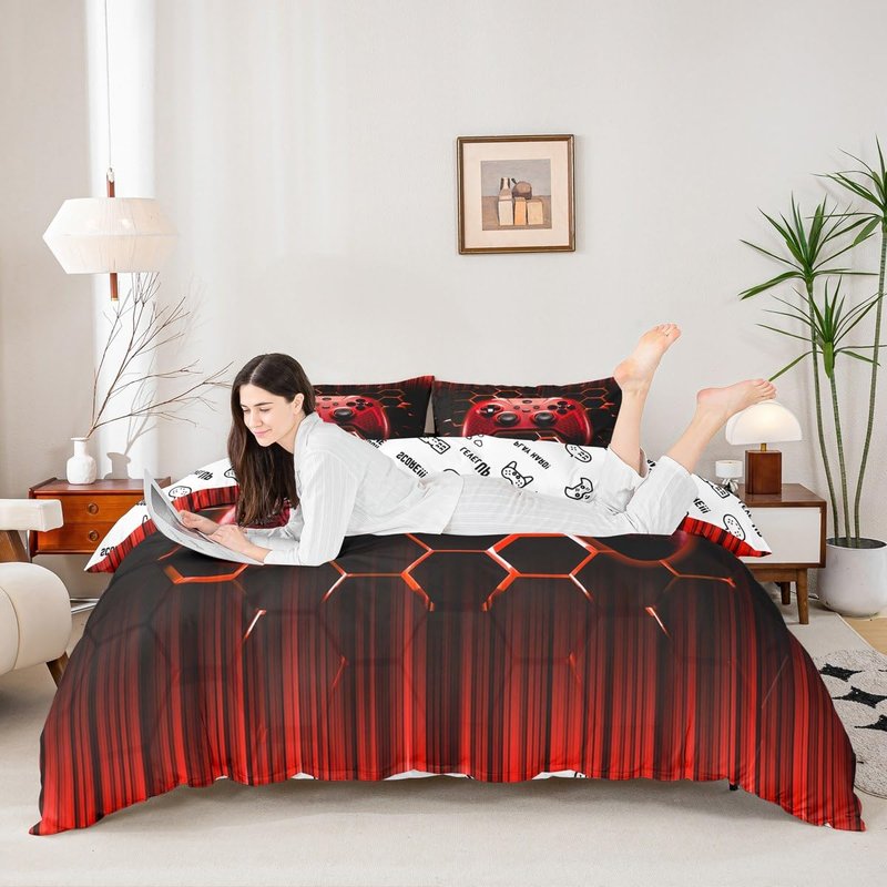 Manfei Kids Gaming Duvet Cover Set Full Size, Red Geometric Gamepad Bedding Set 3pcs for Boys Girls Game, Modern Gamer Comforter Cover Videogames Reversible Quilt Cover with 2 Pillowcases,No Comforter