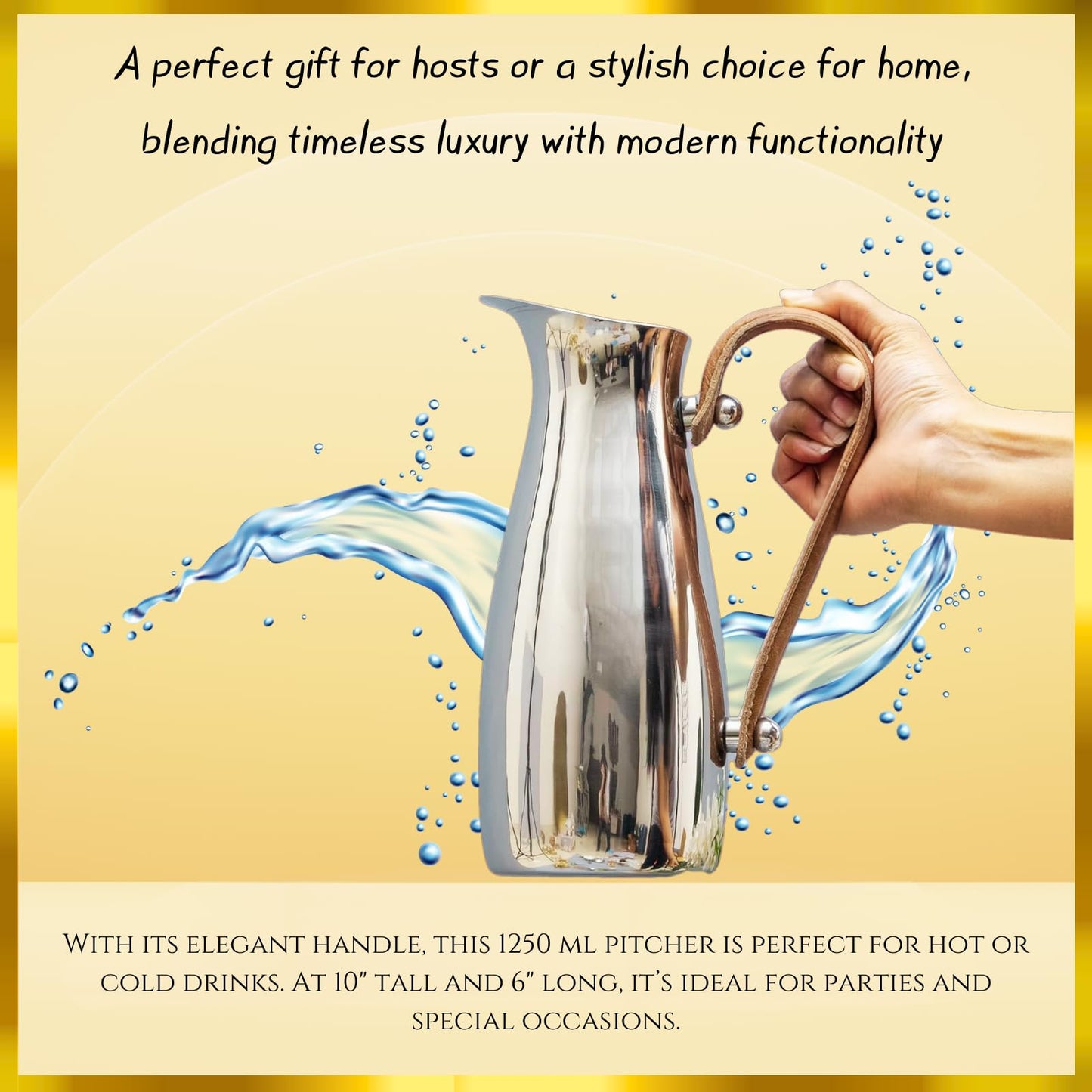 Stainless Steel Silver Water Pitcher Carafe with Leather Handle 10"H by Gute - Elegant Mirror Finish Bell Shaped Jug, For Hot/Cold Water, Iced Tea, Coffee, Sangria, Lemonade, and Flowers 42oz Capacity