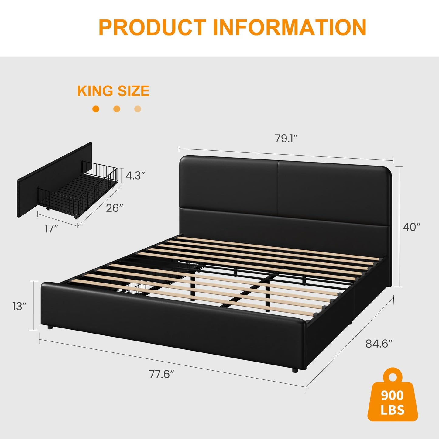 GarveeHome Modern Upholstered Platform Bed Frame with Headboard and Storage Drawers – PU Black Faux Leather, Sturdy Wooden Slat Support, Noise-Free, No Box Spring Needed, Easy Assembly – King Size, PU