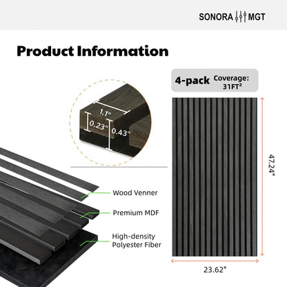 SONORA MGT 4 Pack Acoustic Wood Slat Wall Panels 47.24'' X 23.62'', Echo Reduction, 3D Fluted Wall Panels for Interior Wall Decor (Matte Black)