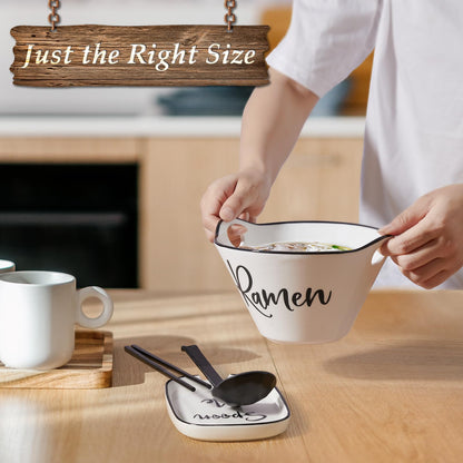 DAYYET Ceramic Ramen Bowl with Chopsticks and Spoon, 26 oz Farmhouse Deep Japanese Noodle Bowl for Udon, Soba, Pho, Rice and Soup, Microwave and Dishwasher Safe, White