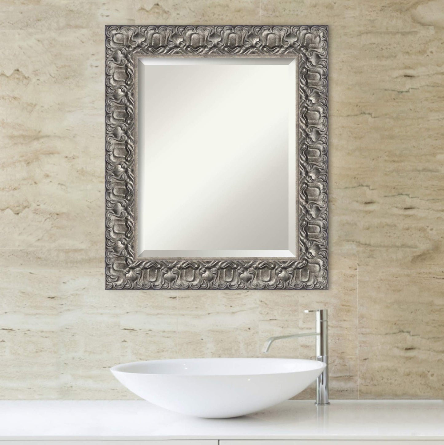 Amanti Art Silver Bathroom Mirror for Over Sink, 26x22 Silver Luxor Rectangle Vanity Mirror, Small Traditional Wood Frame, Hangs Horizonally and Vertically, Bathroom Wall Decor, Beveled Edge