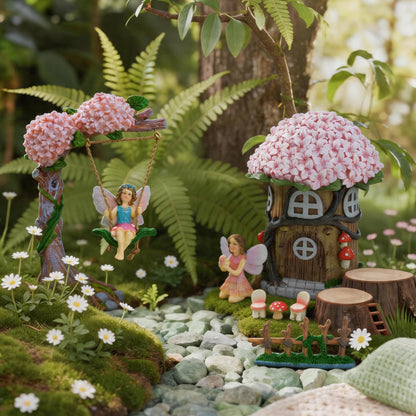Landoraloria Miniature 8 Pcs Mini Garden Furniture, Fairy Garden Accessories Kit, Resin Figurines with Swing Set, Whimsical Theme, for Outdoor Patio, Yard, Lawn, or Desk