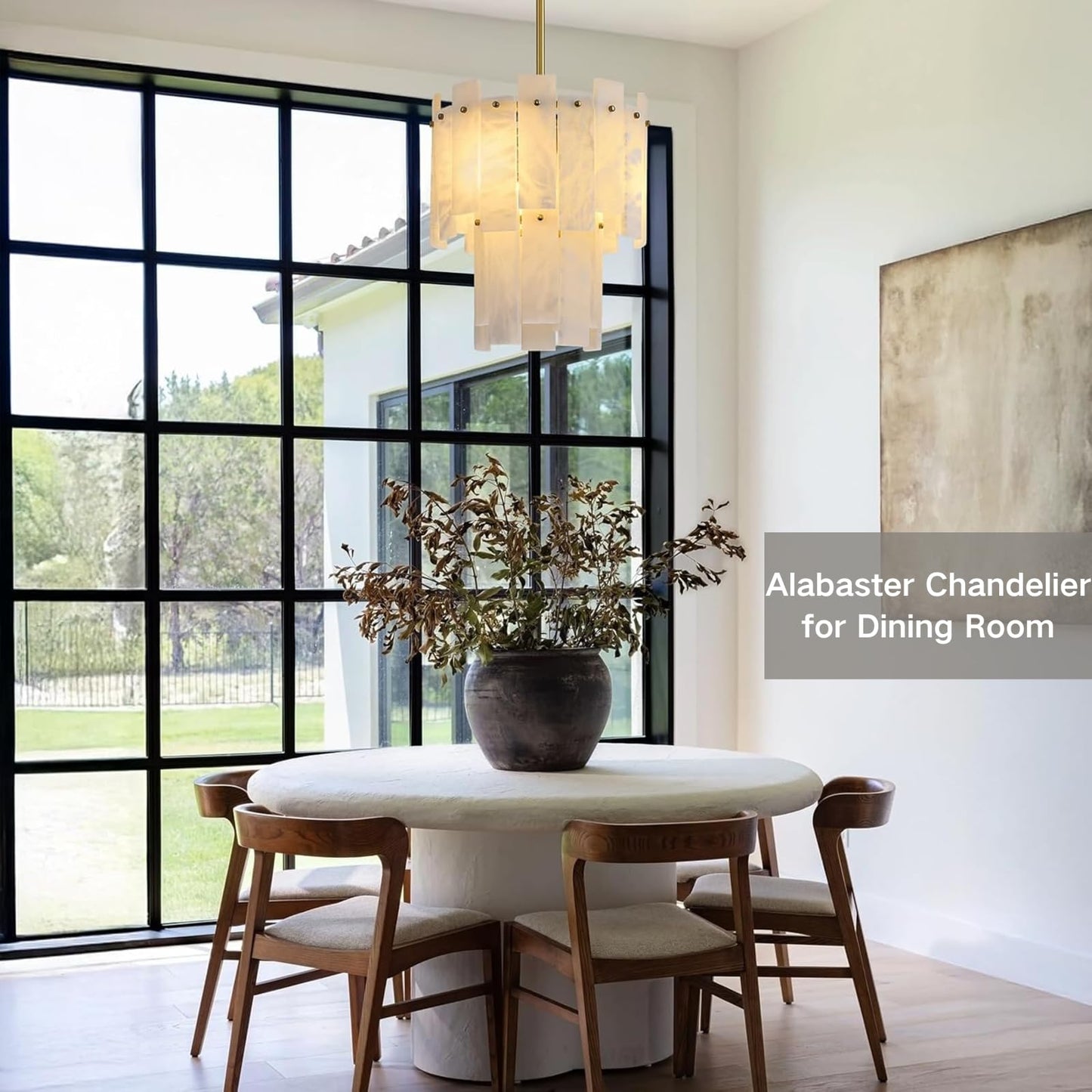 PIOUTNF Alabaster Round Chandelier, 2-Tier Spanish Alabaster Chandeliers, Warm White, 13" Modern Small Gold Marble Pendant Chandeliers for Foyer, Kitchen Island, Dining Room, Bedroom