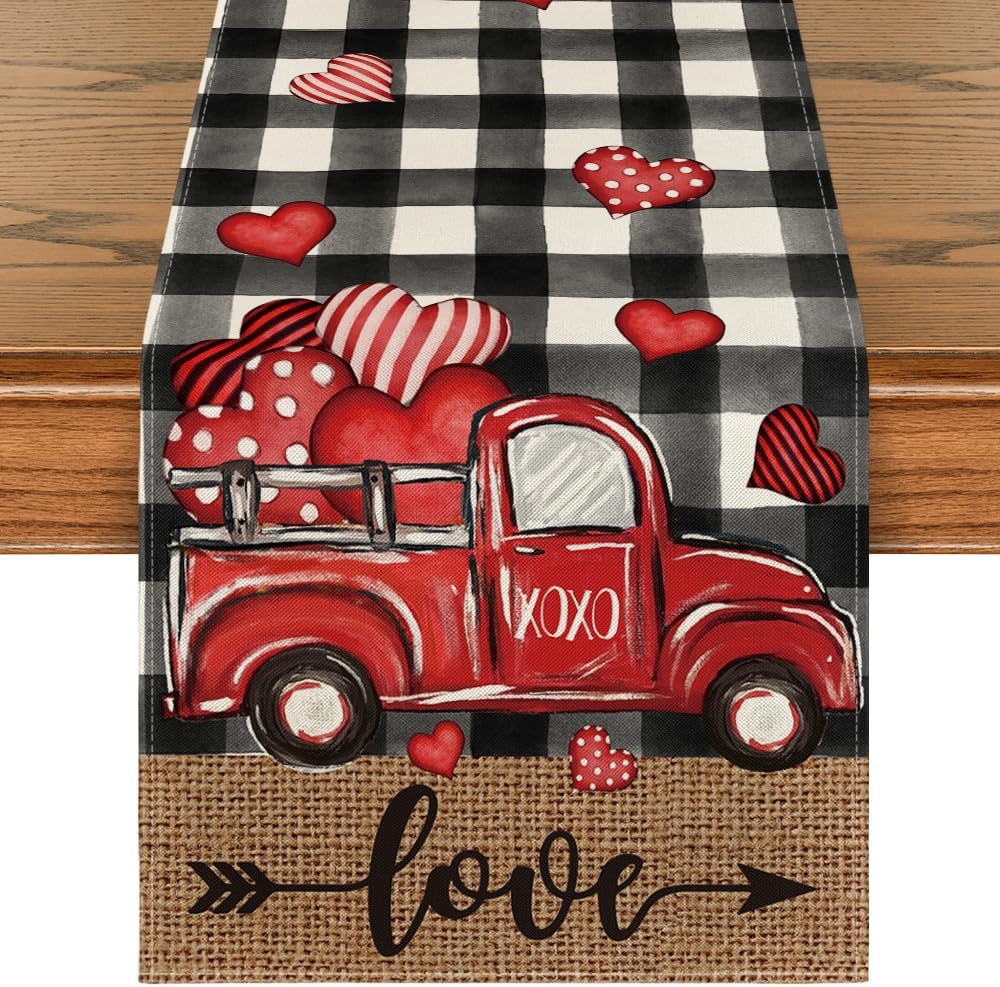 Artoid Mode Watercolor Buffalo Plaid Hearts Truck Love Valentine's Day Table Runner, 13 x 36 Inch Kitchen Dining Table